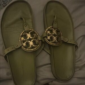 Tory Burch Olive Green Sandals with Gold Logo
